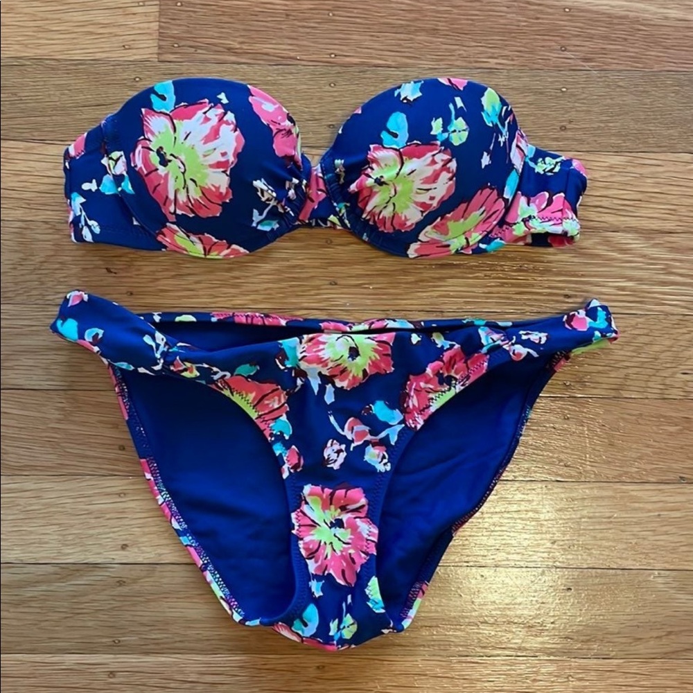 Aerie Floral Strapless Bikini Set 32A Top/Small bottoms